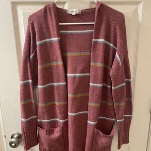 Pink Rose Women's Open-Front Cardigan - Mauve and Striped